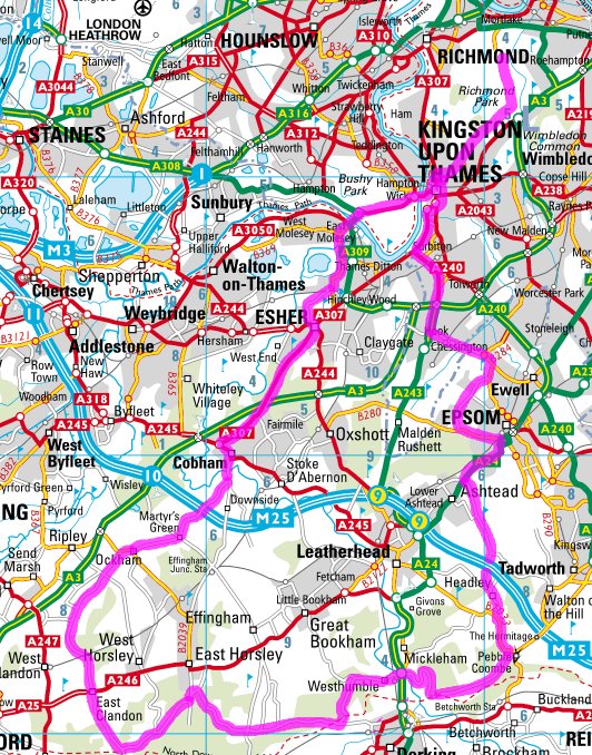 Surrey Hills 85k cycle route map