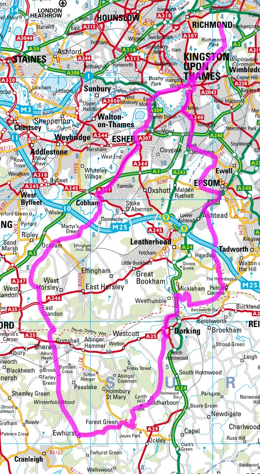 Surrey Hills 98k cycle route map